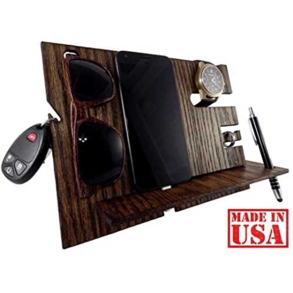 Wooden Docking Station and Personal Accessories Organizer (Dark Walnut)
